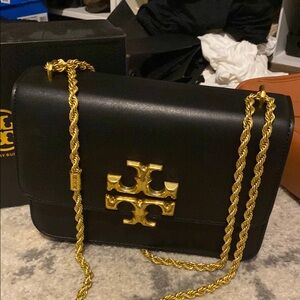 Tory Burch Black Shoulder Bag with Gold Hardware and Chain Strap
